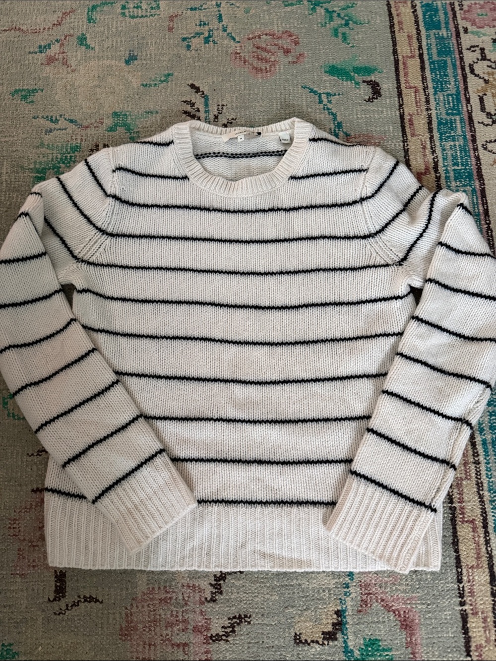 Vince Cream Crewneck Sweater with Black Stripes 100% Cashmere